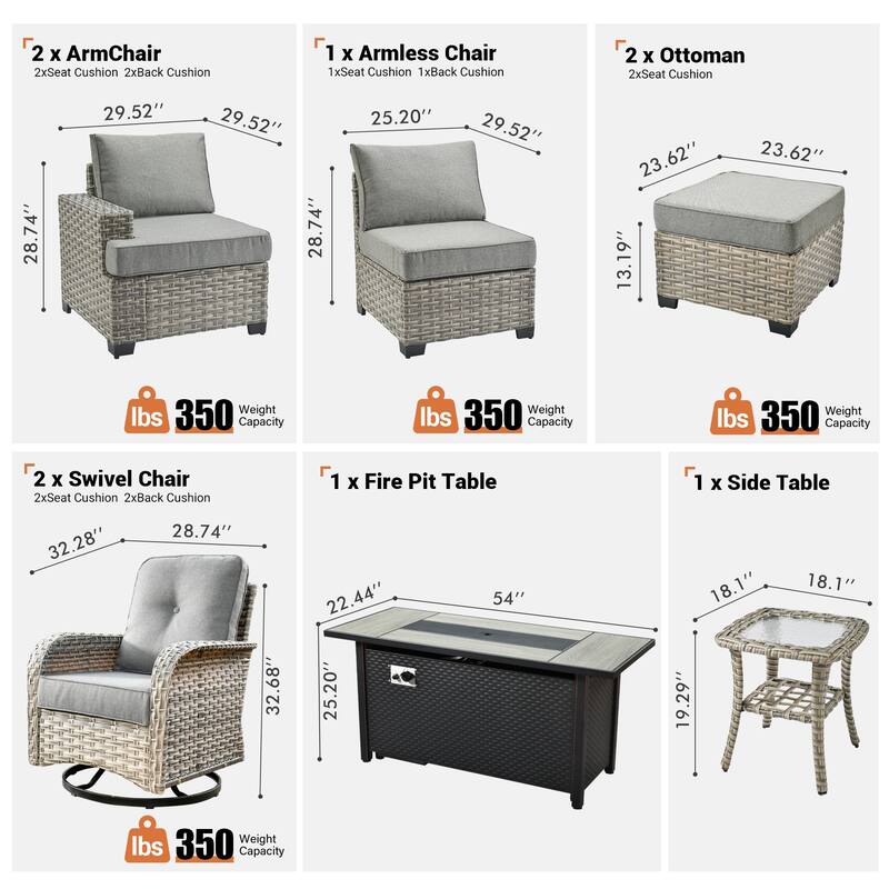 OVIOS 9 Pieces T shaped Seat Curved Swivel Chair Set With Fire Pit