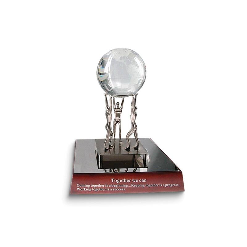 Curata Together We Can Metal Figures Holding Crystal Globe Mahogany Finish Wood Base Inspirational Desk Sculpture/Award