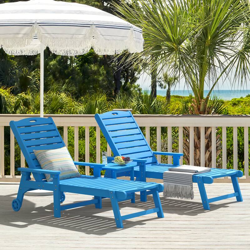 Patio Adjustable Wheeled Chaise Lounge Chairs with Arms for Deck, Backyard, or poolside (Set of 2) - 78.9"L x 24"W x 39.7"H - Blue