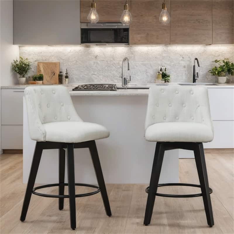 Modern Linen Swivel Bar Stools with Tufted Back,Wood Frame (Set of 2)