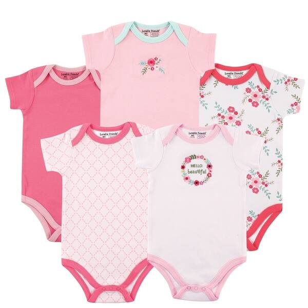 slide 1 of 1, Luvable Friends Baby Girl Cotton Bodysuits 5pk, Pink Floral 0-3 Months - Pink Floral