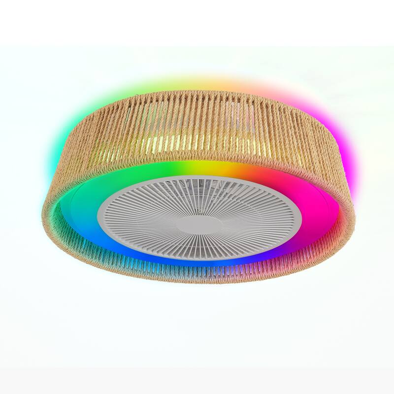 21" Modern Rustic Ceiling Fan Light with LED RGB Mood Lighting, Rope Woven Design, Quiet Fan, Semi Flush Mount - White