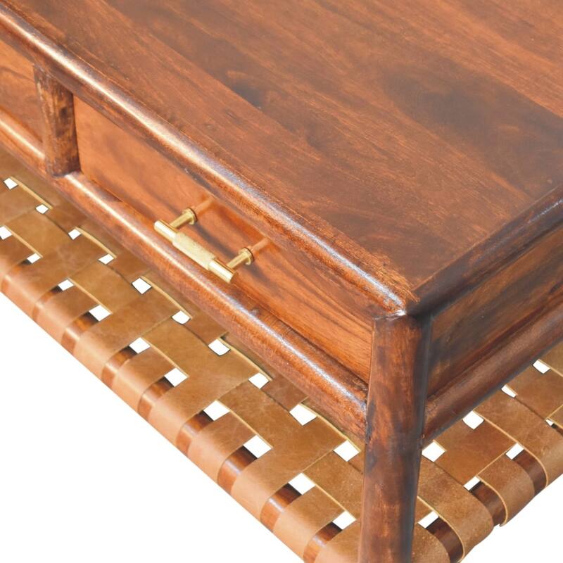 Artisan Furniture Solid Wood Regency Woven Console Table with 2 drawers, Brown, 1 Shelf