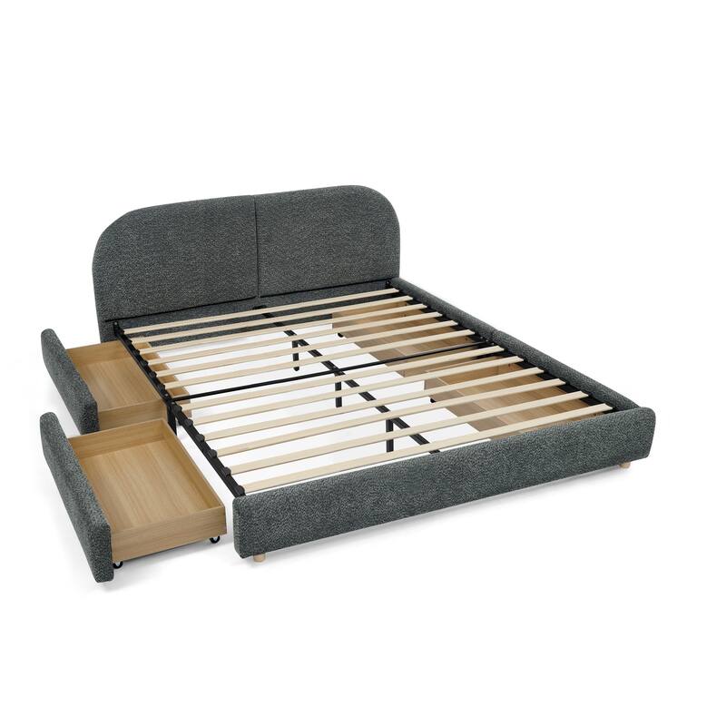 Fabric Upholstered Platform Bed Frame with Curved Headboard/4 Built-in Wheeled Storage Drawers/Sturdy Legs Support/Easy Assembly