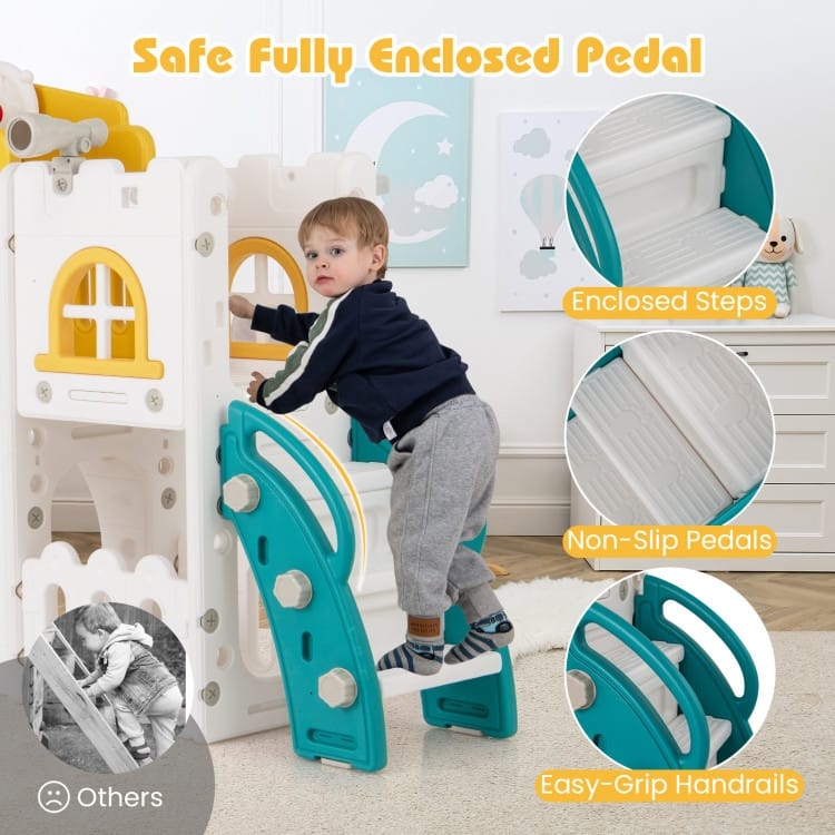 Yellow-Green-White HDPE Kids Slide Set with Climber, Tunnel and Hoop - 69.5" x 70" x 40.5" (L x W x H)