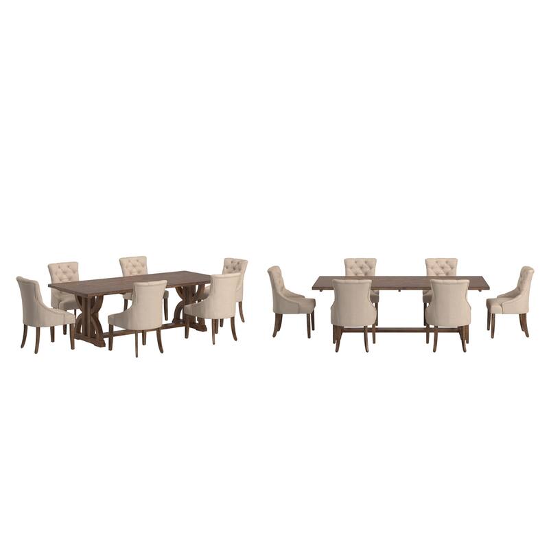 Bratislava Reclaimed Wood Table with Button Tufted Curved Back Chairs Dining Set - Beige Linen