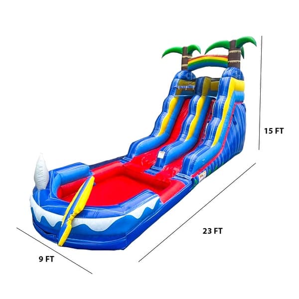dimension image slide 0 of 2, HeroKiddo 15' Ocean Shark Commercial Grade Inflatable Water Slide with Attached Splash Pool (No Blower Included), Outdoor Fun