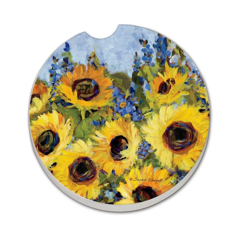 Gallery Sunflowers 2 Pack Absorbent Stone Coaster for Vehicle Cup Holder 2.6” Diameter Manufactured in The USA - Multi