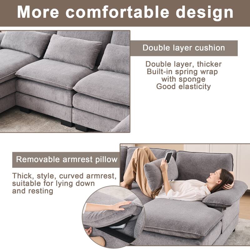 U Shape Cloud Couch 111.8",4-seat Velvet Fabric Upholstered Sofas with Chaise Lounge & Pillows