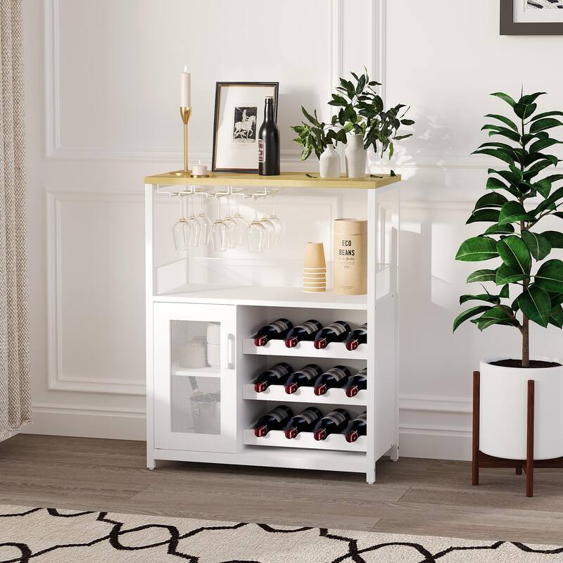 3-Tier Wine Bar Cabinet with Storage, Wine Rack & Glass Holder, Small Liquor Cabinet for Home, Black Corner Storage with Shelves