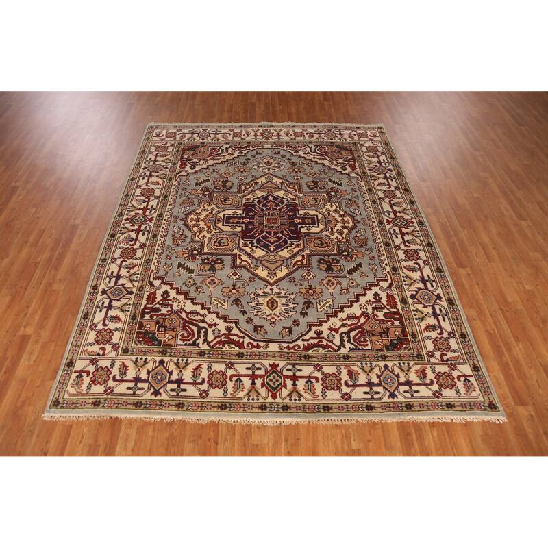 Geometric Traditional Heriz Serapi Indian Rug Handmade Wool Carpet - 7'11" x 9'10"