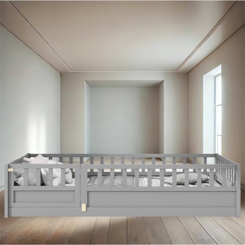 Durable Twin/Full Size Floor Bed with High Fence and Clockwise-Opening Door, Safe and Fun for Children - Grey - Twin