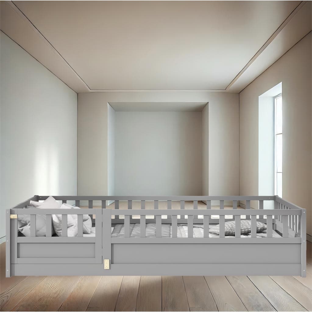 Durable Twin/Full Size Floor Bed with High Fence and Clockwise-Opening Door, Safe and Fun for Children