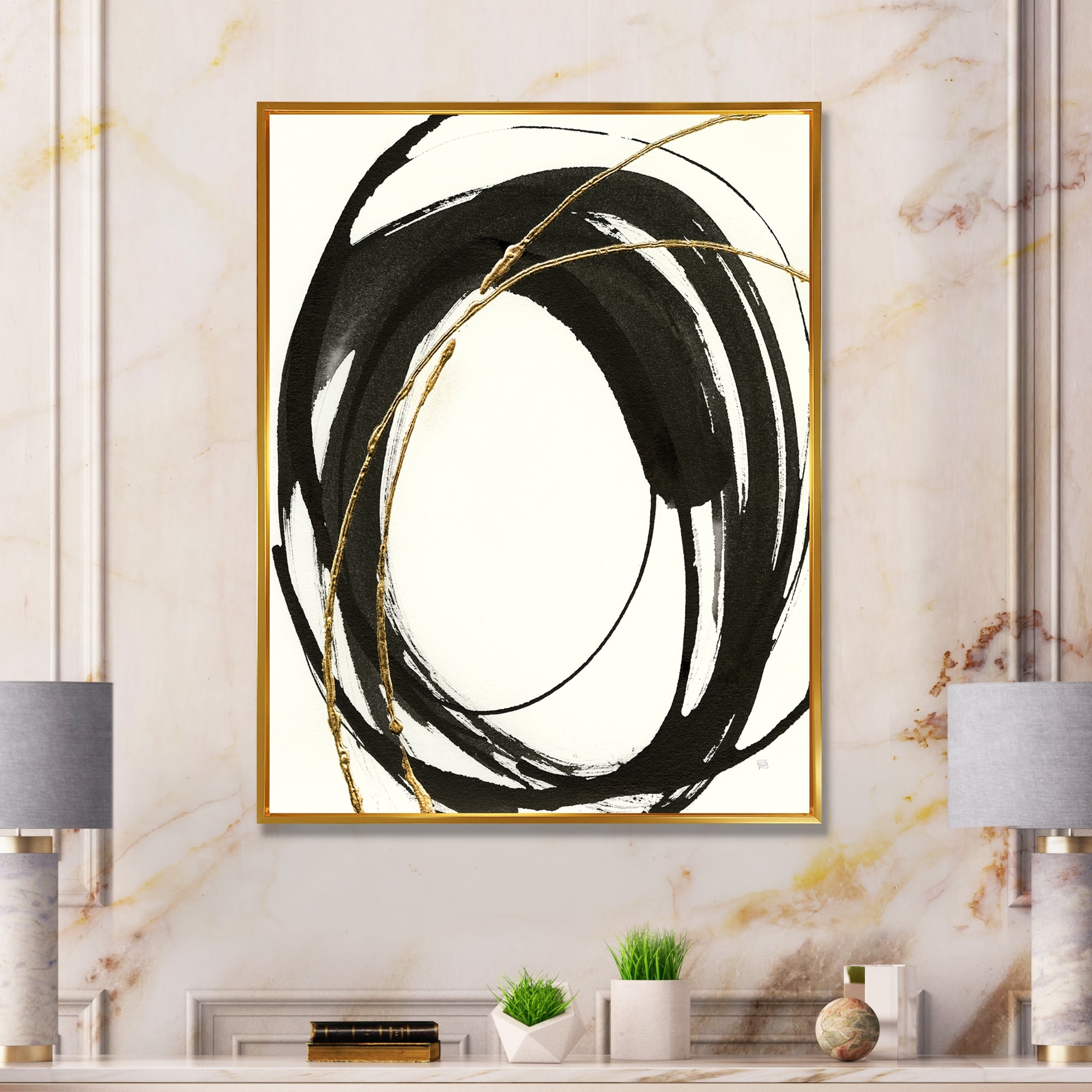 Tryptich Large Canvas Art Print - Gold Zen Circle on Black I (styles > Abstract Art > Gold Abstract art) - 60x60 in