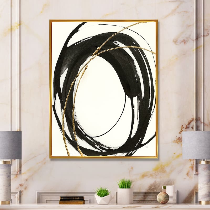 Designart "Gold Glamour Circle I" Modern Framed Canvas Print - Black