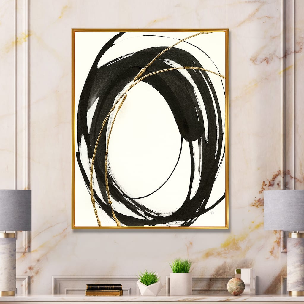Designart "Gold Glamour Circle I" Modern Framed Canvas Print - Black