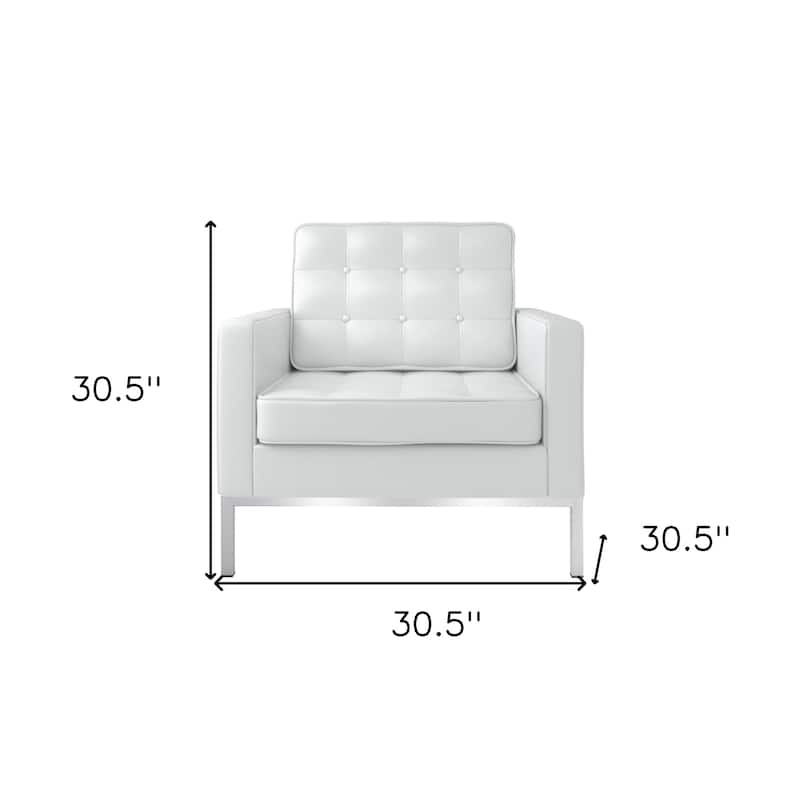 HomeRoots 31" White And Silver Italian Leather Tufted Arm Chair - 30.5' X '30.5' X '30.5