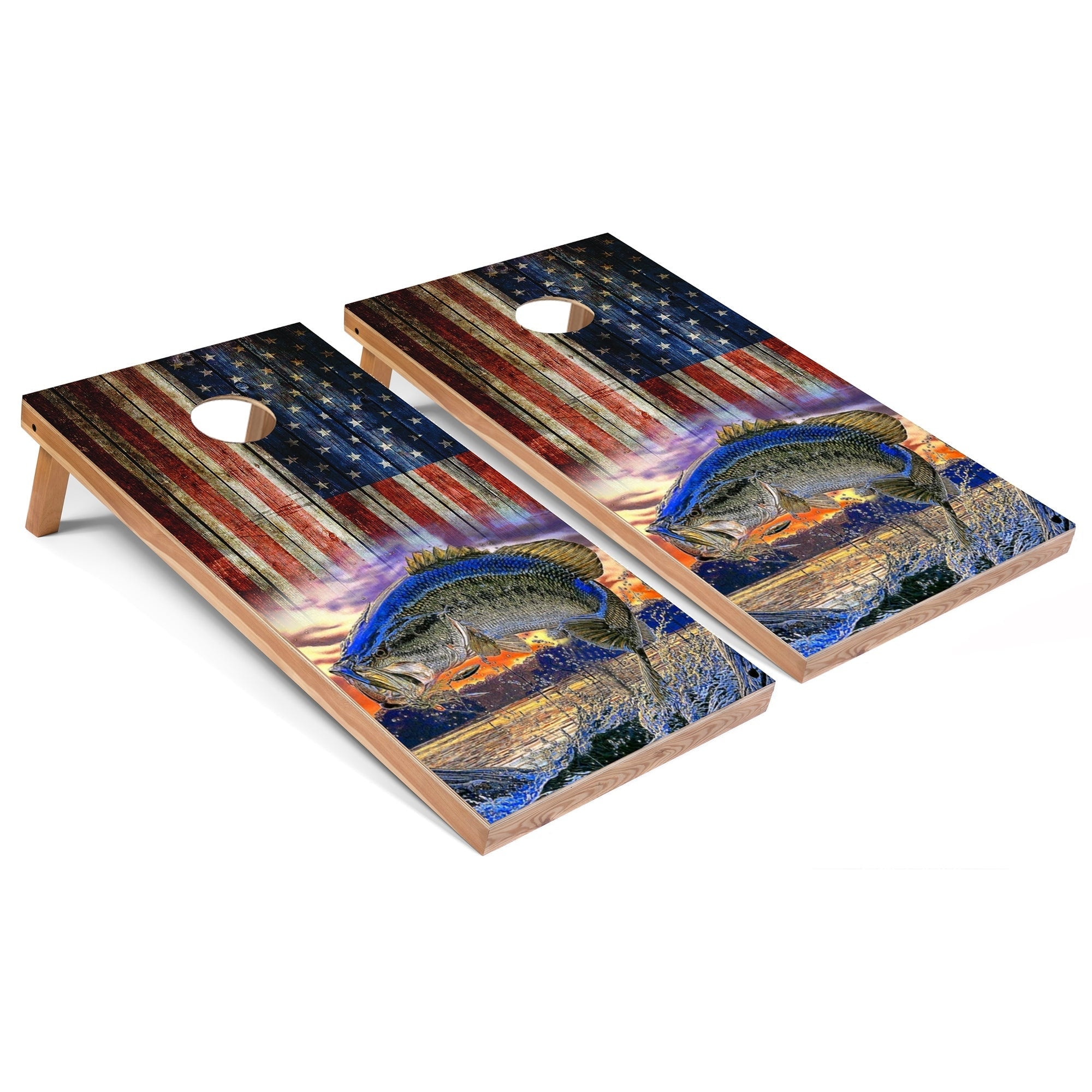 Solid Wood Cornhole Boards - American Flag Fish Design