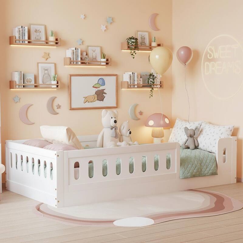 Floor Platform Bed with Guardrails by Harper&Bright Designs - White - Twin