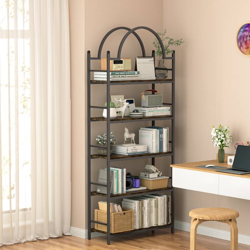 5-tier Bookcase Stand Metal Wood Structure - 30 in. W X 10 in. D X 77 in. H