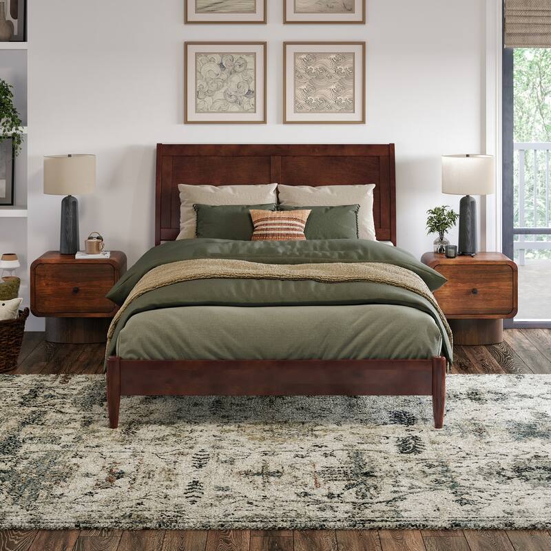 Solid Wood Low Profile Sleigh Bed with USB Ports - Full Size Platform Bed Frame, Walnut Finish