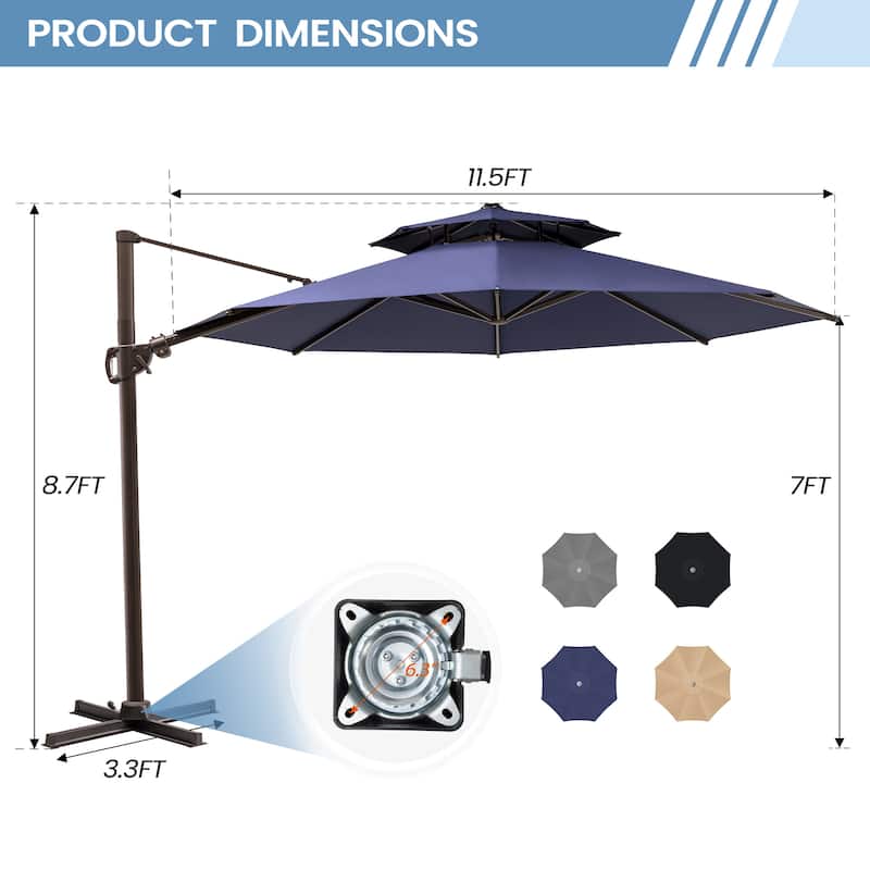 11 ft Outdoor Aluminum Dual Top Solar Powered LED Lighted Patio Cantilever Umbrella and Weighted Base