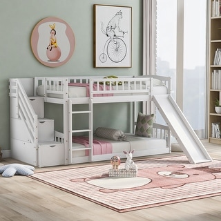 Playhouse Inspired Stairway Twin over Twin Bunk Bed with Drawers & Slide