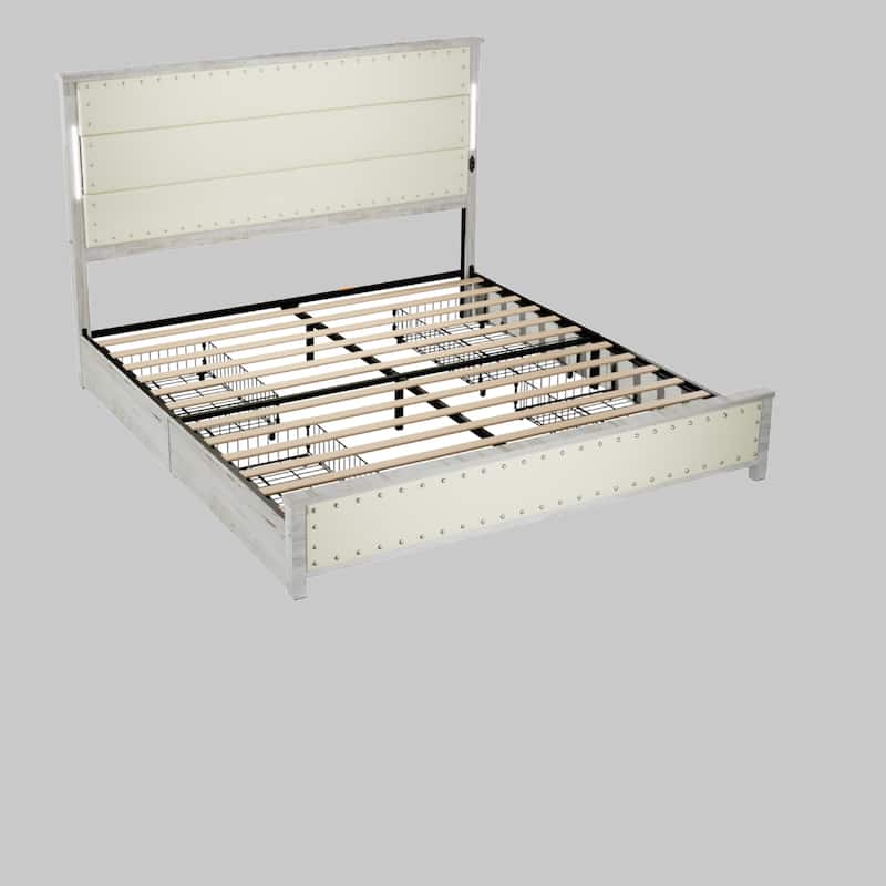 King/Queen Bed with Faux Leather Headboard, 4 Storage Drawers, LED Lights & Charging Station, Wood Slats, No Box Spring - White - King