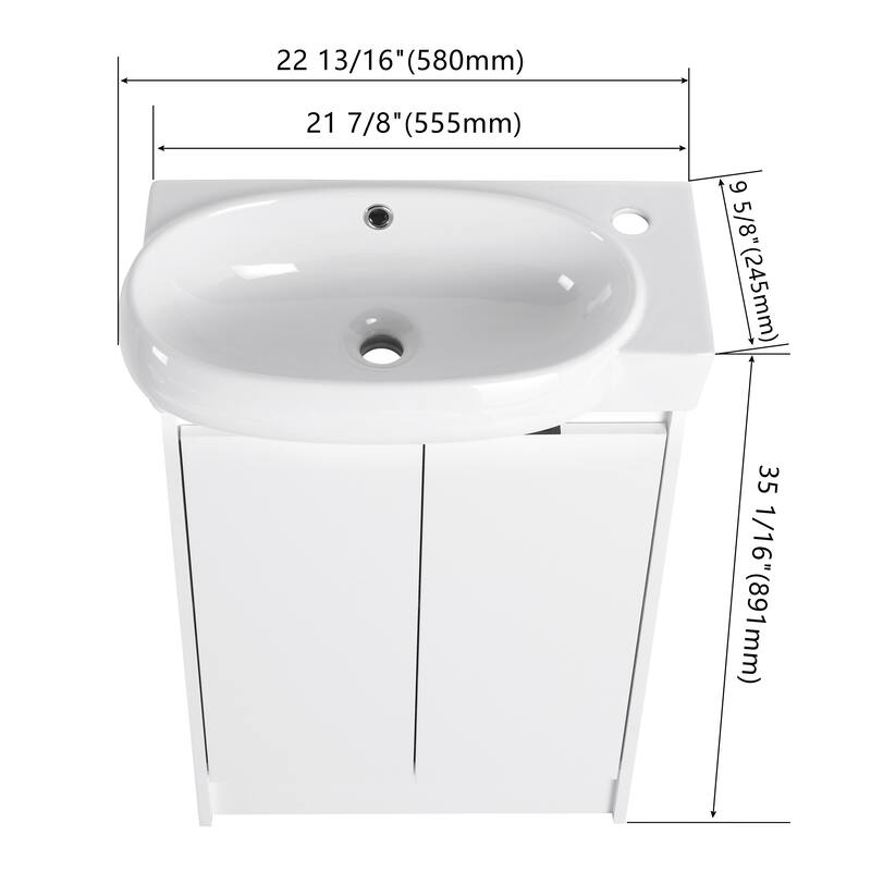 Compact 23'' Freestanding Vanity with Round Ceramic Sink & Soft-Close Hinges for Bathroom