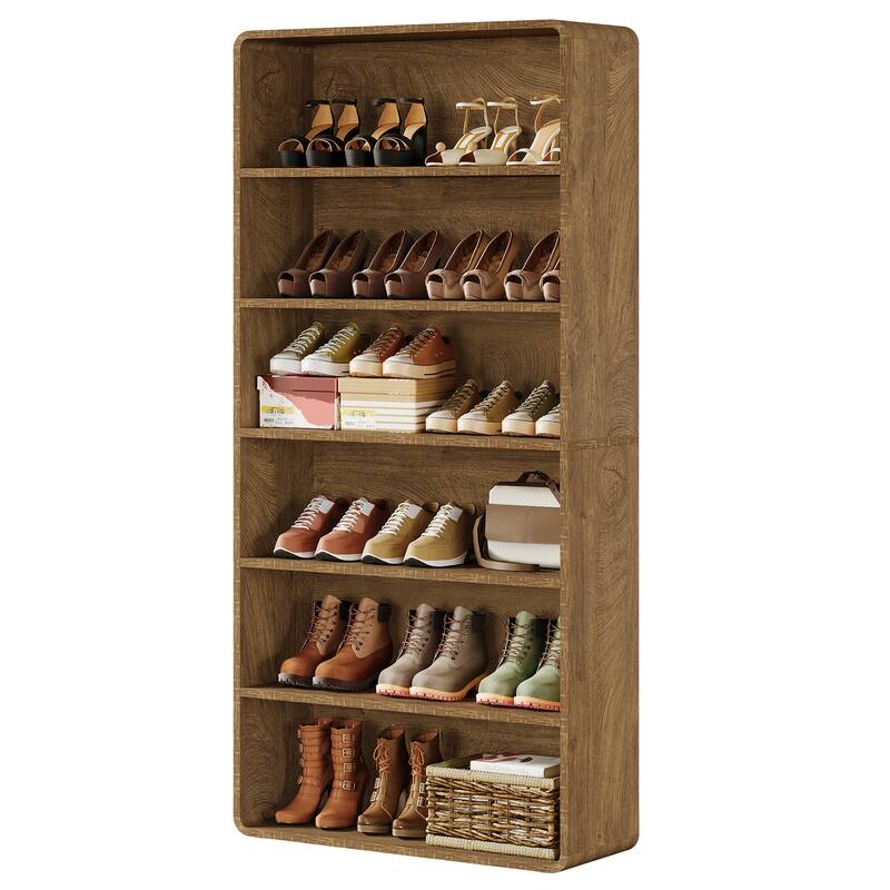 71" Shoe Storage Cabinet, 6-Tier Wooden Vertical Shoe Rack Organizer with Open Shelf for Entryway, Living Room