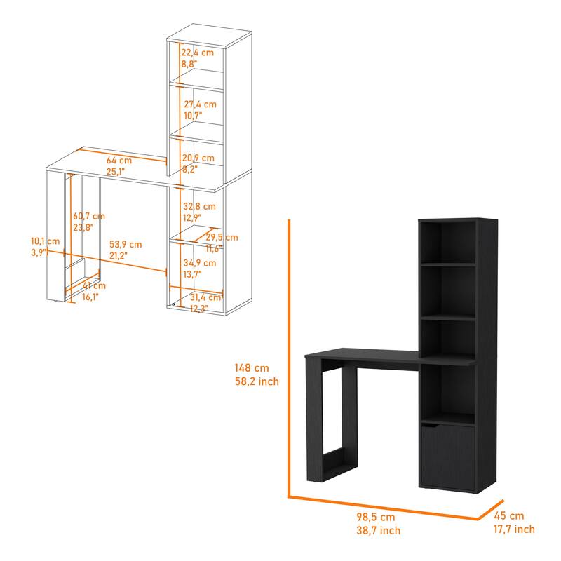 Peterson Computer Desk with 4-Tier Bookcase and 1-Door Cabinet White And Black