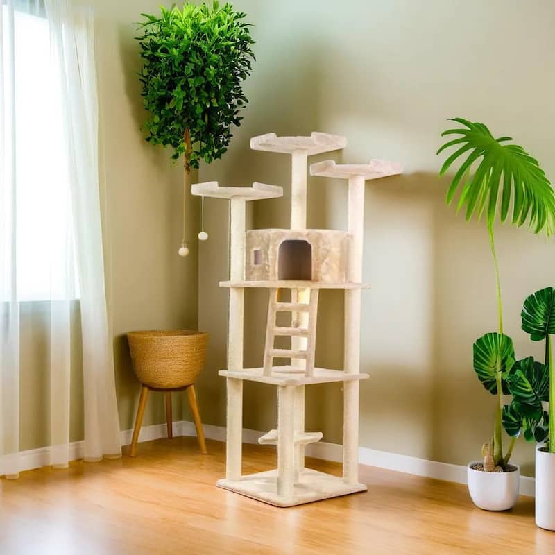 Multi-function Real Wood Cat Tower W Spacious Condo, Perches, Beige
