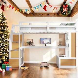 Kid Bed Frame Full-Size Loft Bed with Desk & Storage, White & Natural