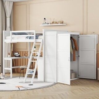 White Solid Pine Loft Bed with Desk, Shelves, Wardrobe, Guardrails
