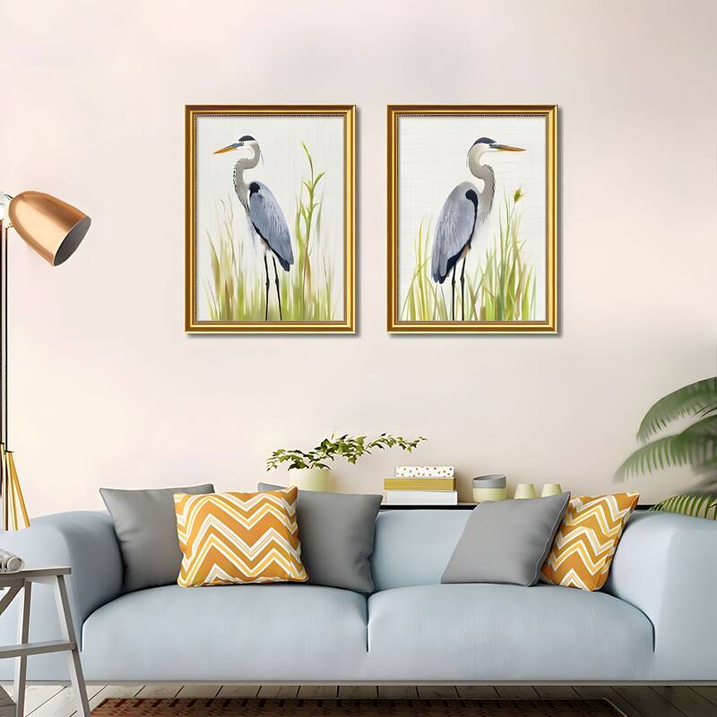 Set of 2 Heron Bird Framed Wall Art - Replaceable Canvas Prints with Solid Wood Picture Frames, Modern Nature Wall Decor