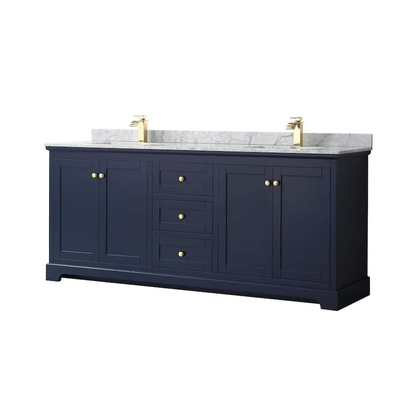 Wyndham Collection Avery 80" Free Standing Double Basin Vanity Set - Dark Blue / White Carrara Marble Top / Brushed - Painted