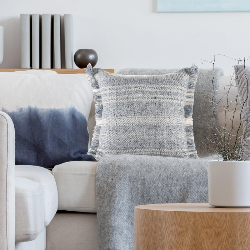 Hand Woven Denim Striped Outdoor Square Throw Pillow - 20" - Blue and Ivory