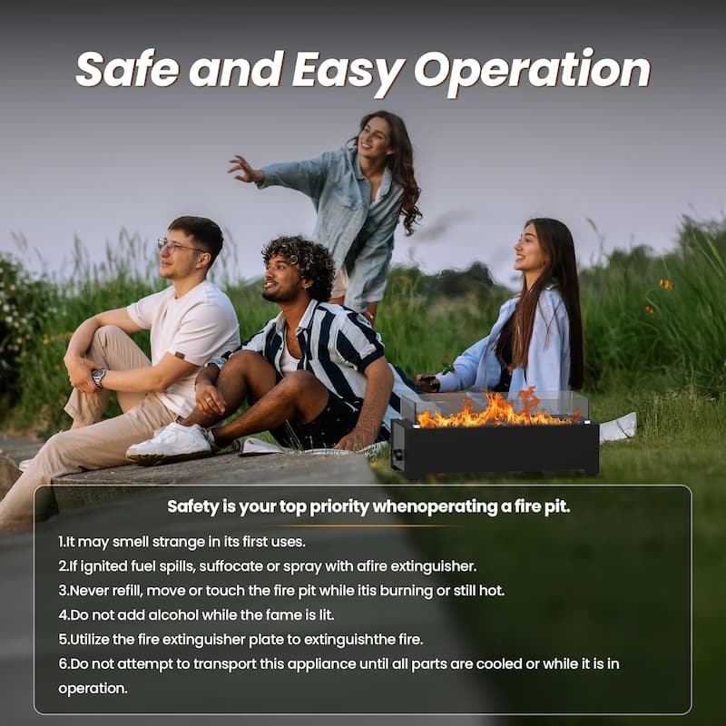 EROMMY 28" Propane Fire Pit Tabletop - 40,000 BTU Stainless Steel, Windshield & Crystal Stones, Indoor/Outdoor Use