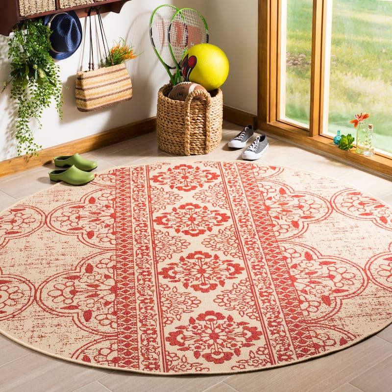 SAFAVIEH Linden Aysel Indoor/ Outdoor Waterproof Patio Backyard Rug - 6'7" Round - Red/Creme