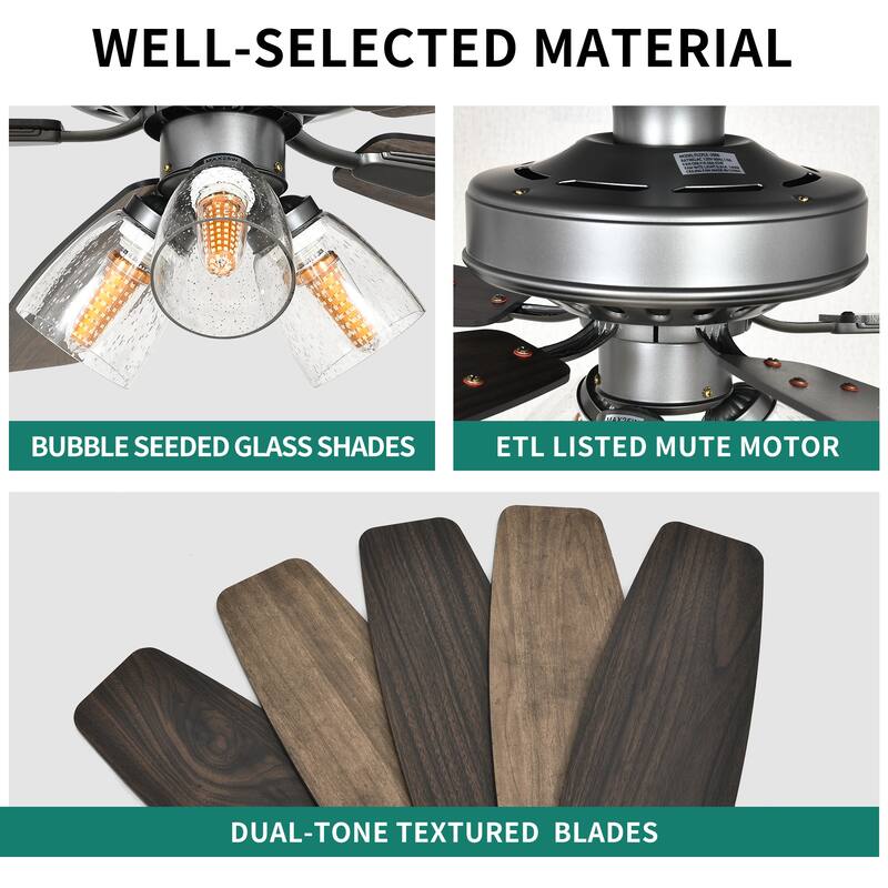 Moasis 52" Faux Wood 5-Blade Low Profile Ceiling Fan with Remote