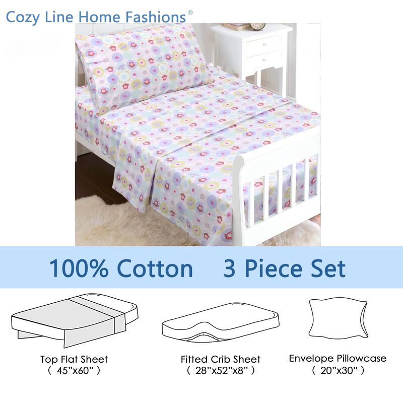 3-Piece Cotton Toddler Sheet Set for Kids Boys & Girls (Animals, Fish, Sports, Floral)