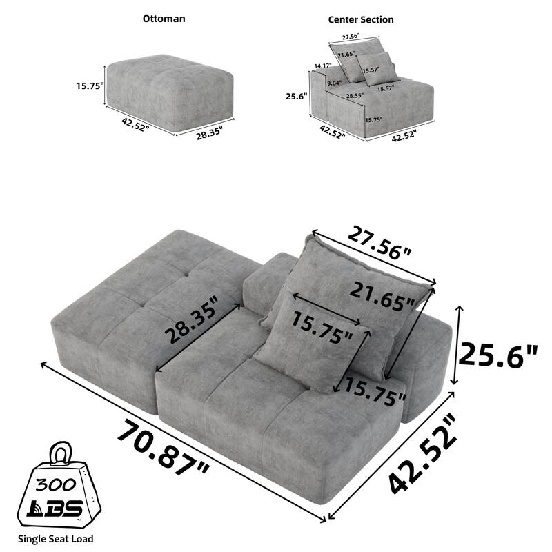 Modern Oversized Modular Sectional Sofa, Blue, Foam+Spring, No Assembly