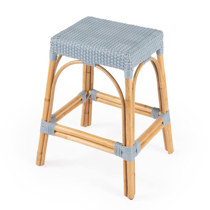 Robias 24.5" Rattan Rectangular Counter Stool - Baby Blue/ Natural Rattan Frame
