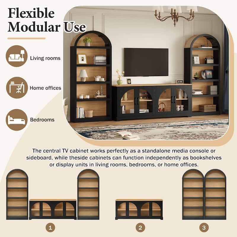 3-Piece TV Stand Set with Bookshelf for TVs Up to 70", Wood Grain Entertainment Center with Arched Design, Tempered Glass Doors