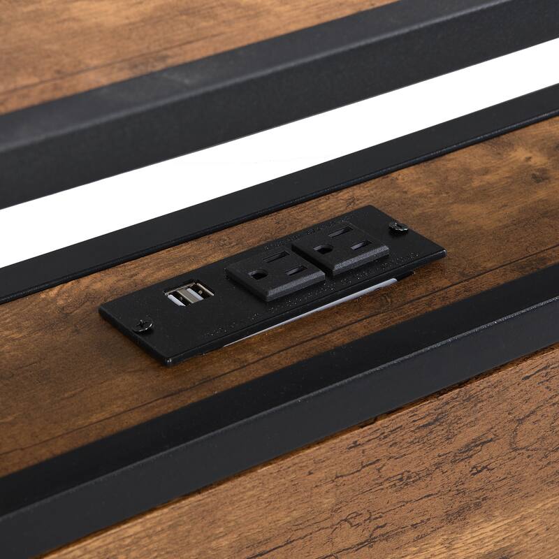 Modern Metal Platform Bed Frame with Wooden Headboard & Footboard, USB Charging & Large Storage