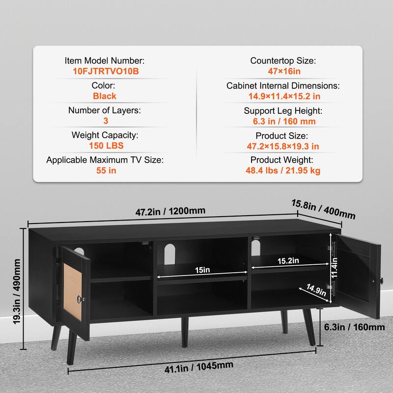 Rattan TV Stand, Mid Century Modern TV Stand, Boho Rattan TV Cabinet with Build-in Socket and USB Ports, Adjustable Shelfs
