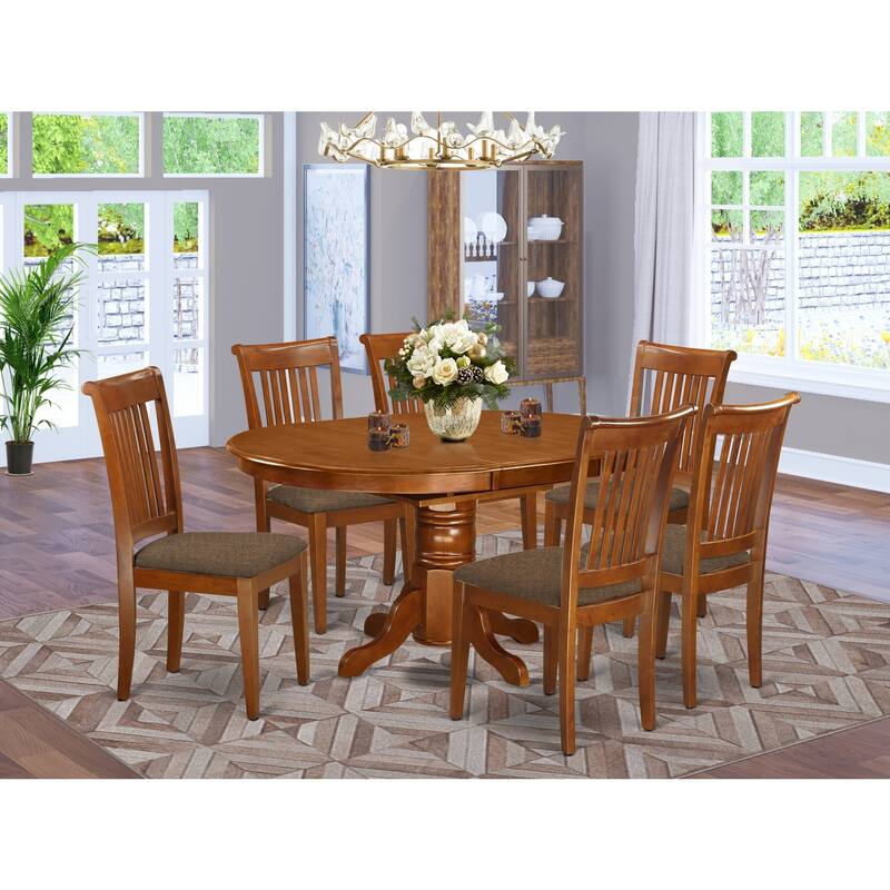 7-Piece Oval Saddle Brown Finish Solid Wood Top Dining Table with 6-Chairs with