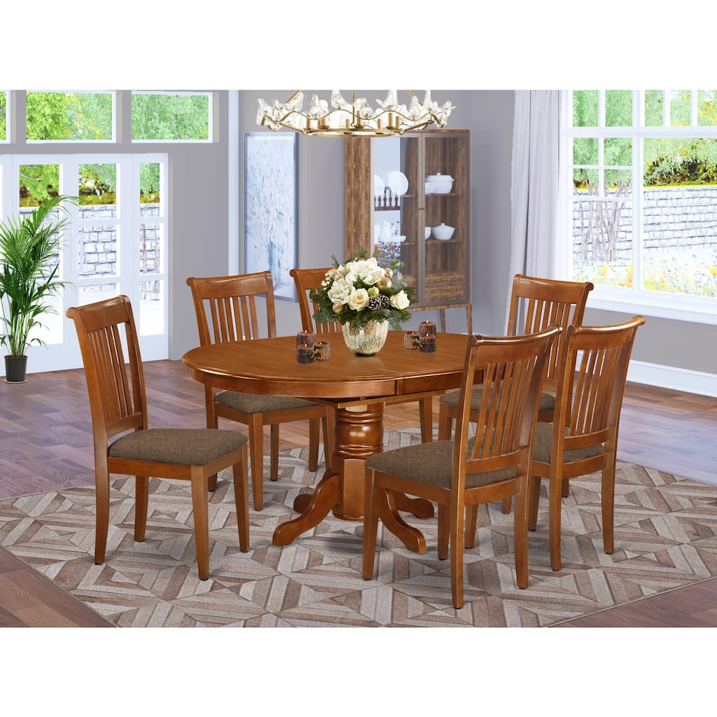 7-Piece Oval Saddle Brown Finish Solid Wood Top Dining Table with 6-Chairs with