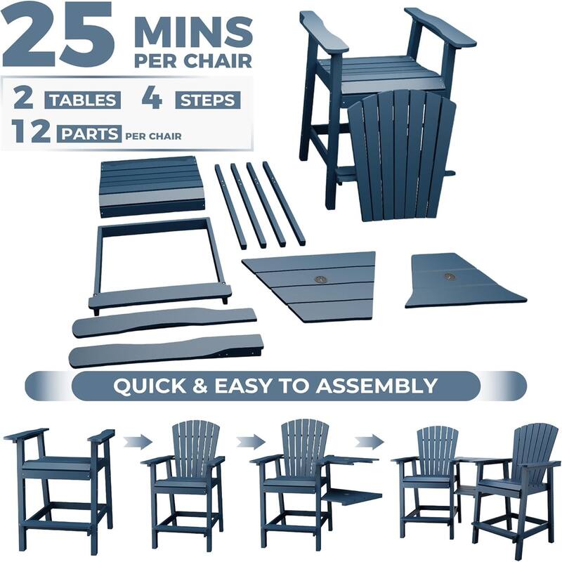 2-Pack Adirondack Bar Stools High-Back Outdoor Patio Chairs with Cup Holder Tray