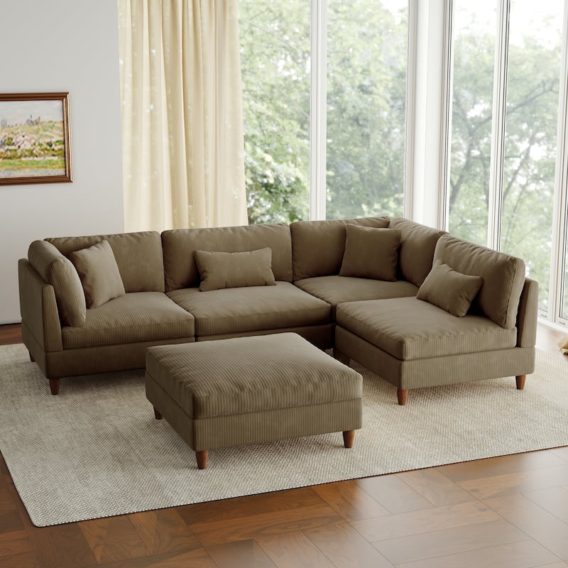5-Piece Modern Comfy Corduroy Modular Sectional Sofa with Ottoman